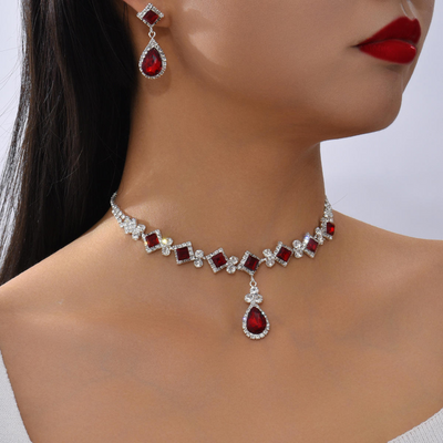 Red Water Drop Choker & Dangle Earrings Set